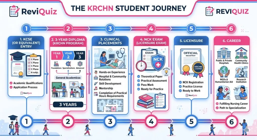 The KRCHN Student Journey Infographic 2026 - 6 steps from KCSE to Nursing Career with ReviQuiz