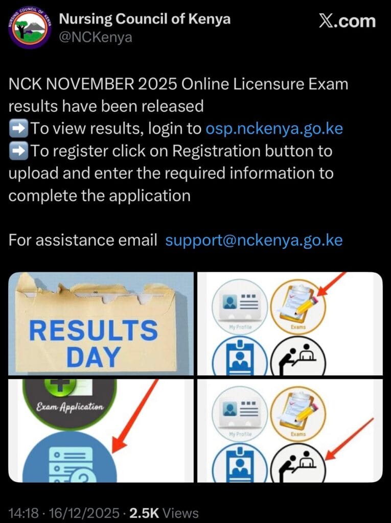 X screenshot of the official NCK results announcement and guide to view results