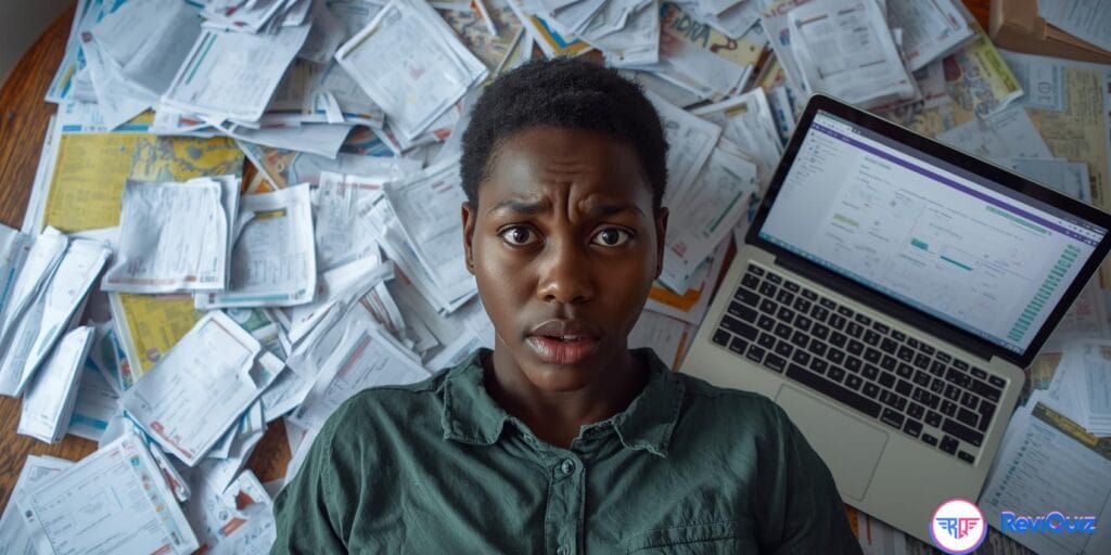 Image of a worried nursing student surrounded by scattered printed past papers, contrasted with a laptop showing a clean, structured quiz ReviQuiz dashboard