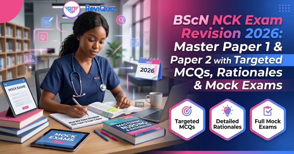 BScN NCK Exam Revision 2026 feature image for ReviQuiz showing nursing study materials, targeted MCQs with rationales, and mock exam simulations for Kenyan nursing students in pink and blue brand colors.