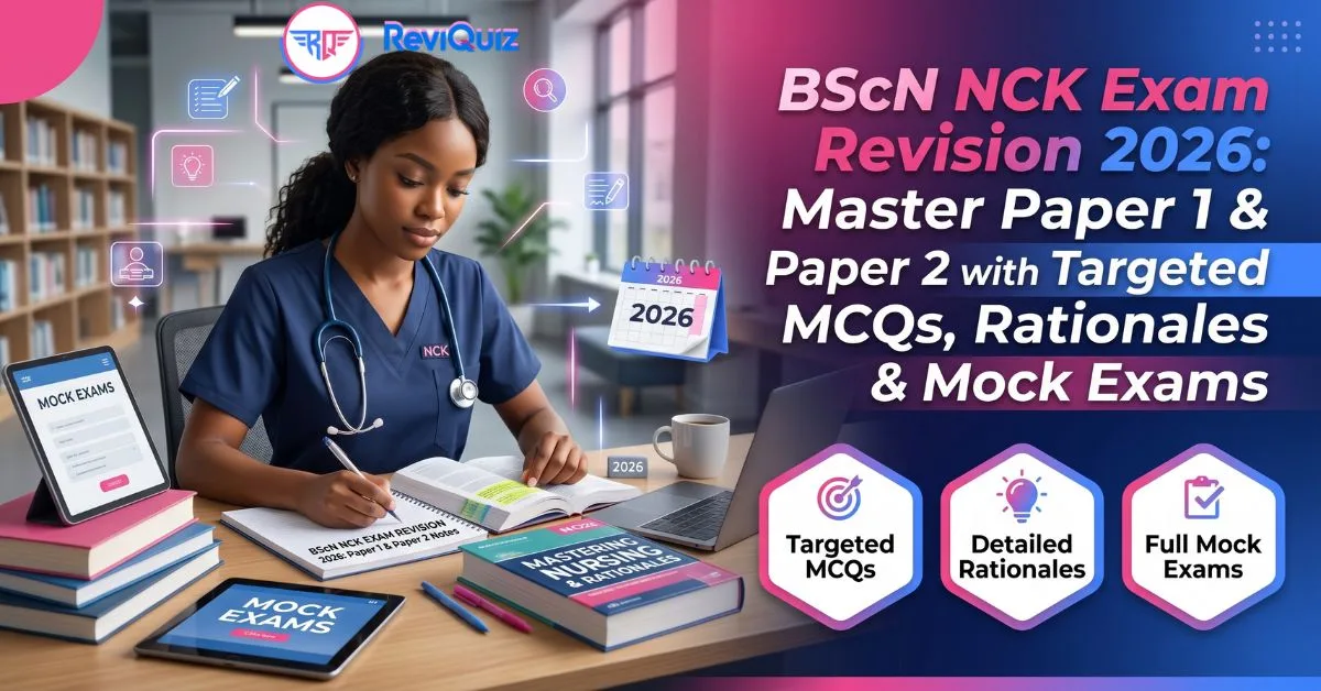BScN NCK Exam Revision 2026 feature image for ReviQuiz showing nursing study materials, targeted MCQs with rationales, and mock exam simulations for Kenyan nursing students in pink and blue brand colors.